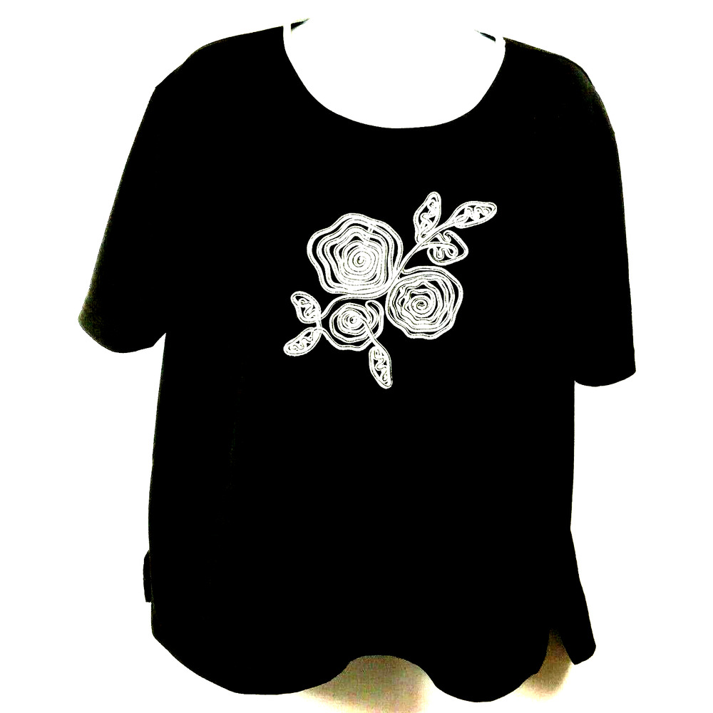 Blast Studio Casual Top‎ Womens Large L Black Creme Sown On Floral Design